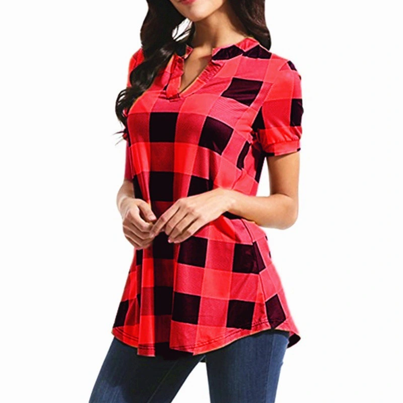 Check Printed V-neck Short Sleeve Loose Ladies Blouse