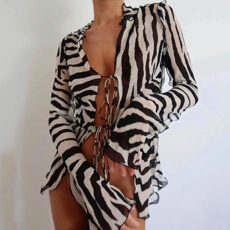 All-match Long-sleeved Printed Lace-up Chiffon Shirt