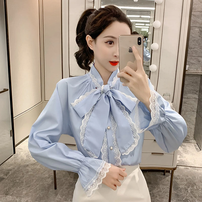 Spring Fashion Lace Stitched Bow  Loose Long Sleeve Foreign Style Shirt