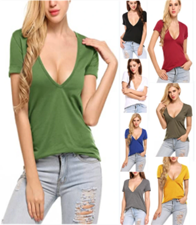 Summer New Women's Solid Color Deep V-neck Slim Sexy Women's T-shirt