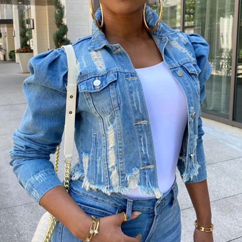 Solid Color Puff Sleeve Short Frayed Denim Jacket