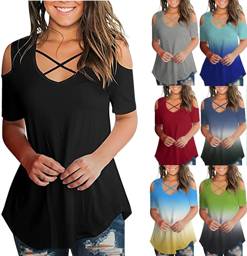 V-Neck Off-Shoulder Short-Sleeved Sexy Casual Printed Loose T-Shirt