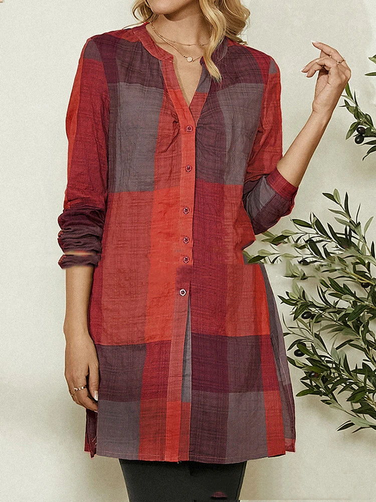 Pleated Mid-Length Check Shirt