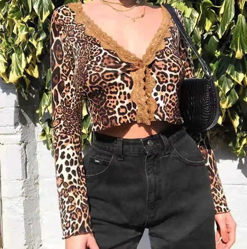 Popular Sexy Leopard Print Knotted Cardigan Top Shirt