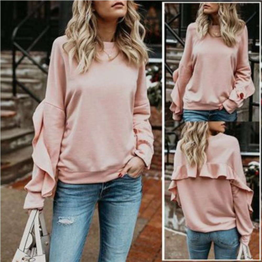 Loose Long-Sleeved T-Shirt Women Round Neck Solid Color Stitching Top
