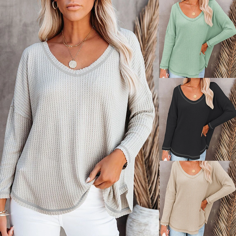 Waffle Casual Fashion Long-Sleeved Loose Top Bat Shirt