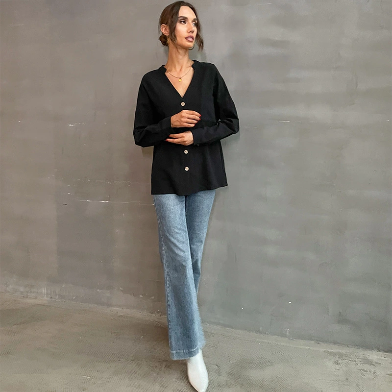 Pocket Button Solid Color Stand-Up Collar Long-Sleeved Bottoming Shirt