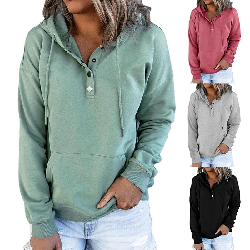 Buttoned Solid Color Loose Casual Hoodie Sweater