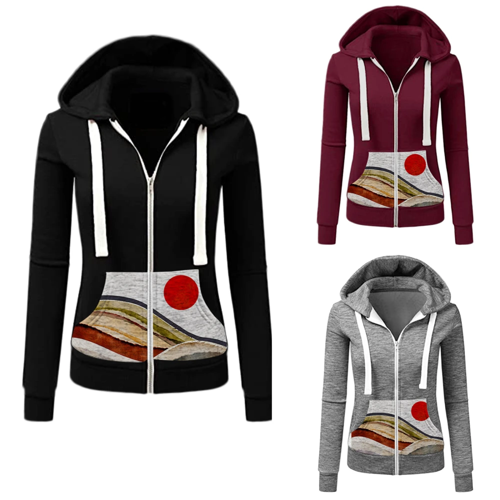Printed Stitching Slim-Fit Hooded Cardigan European And American Women Sweater