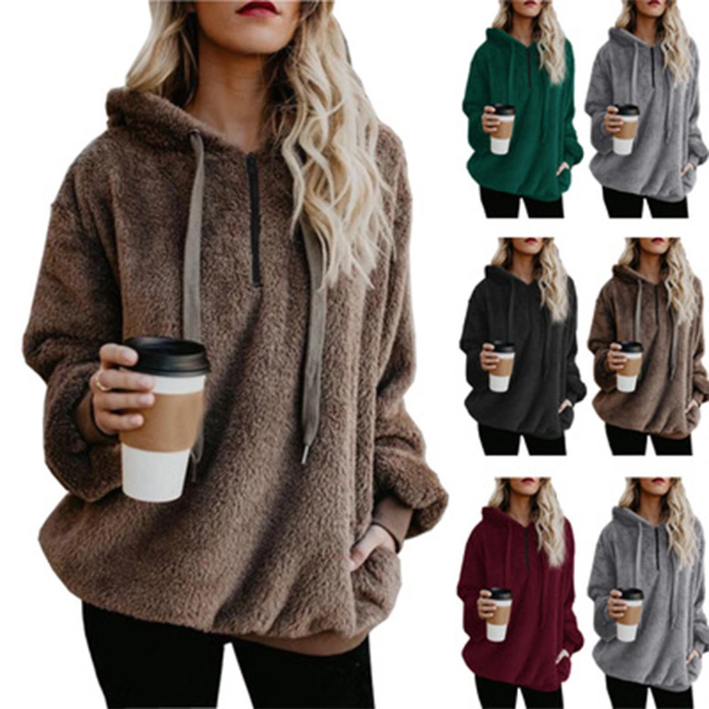 Hooded Plush Sweater Women Loose Zipper Top