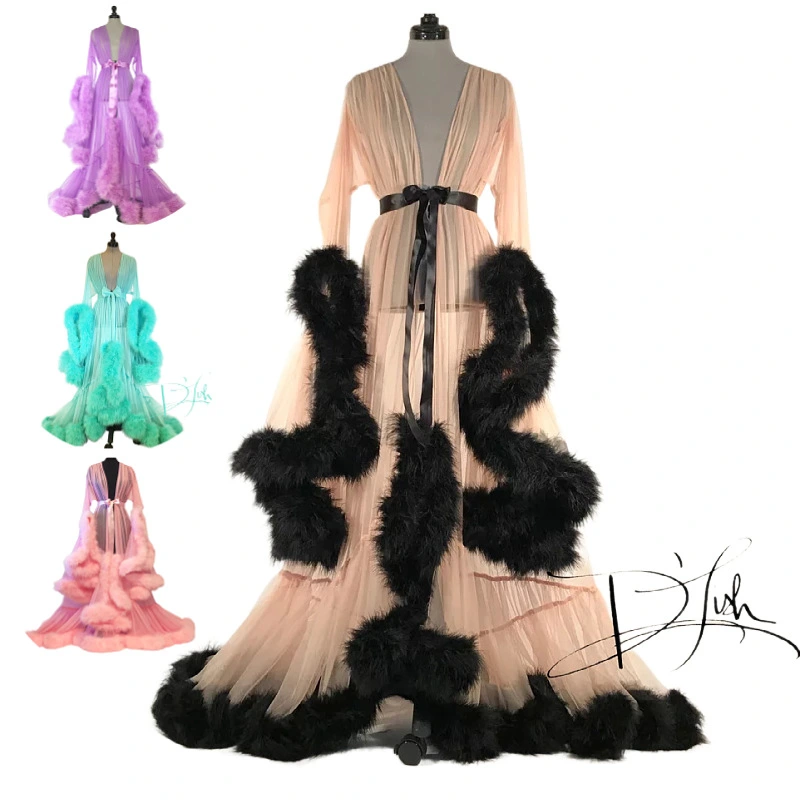 Sexy See-through Net Yarn Tail Long Skirt Feather Nightdress Temptation Suit