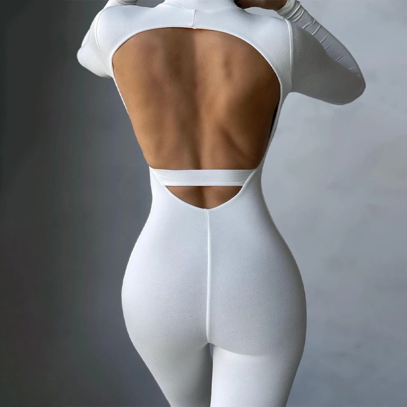Hollow Long-Sleeved Backless Solid Color Yoga Jumpsuit