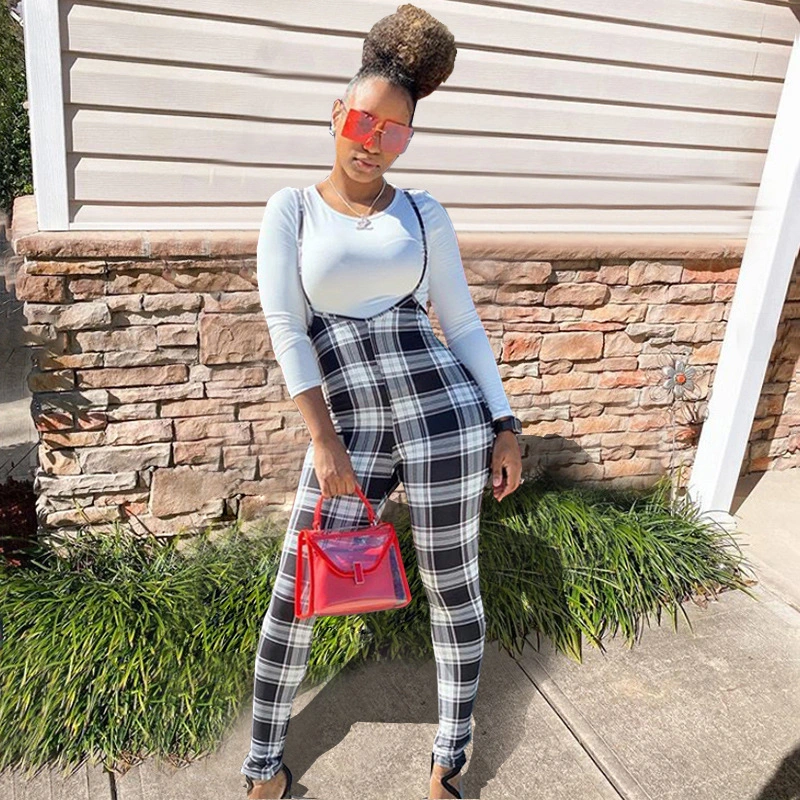 Plaid Print Contrast Suspenders Jumpsuit