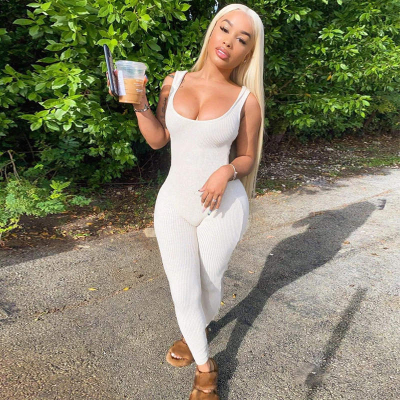 Solid Color Ribbed Skinny Stretch Hip-Lifting Sling Jumpsuit