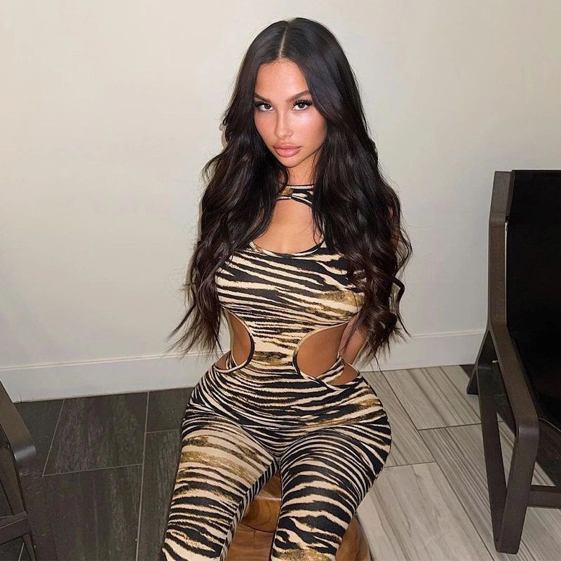 Printed Round Neck Sleeveless Casual High Waist Jumpsuit