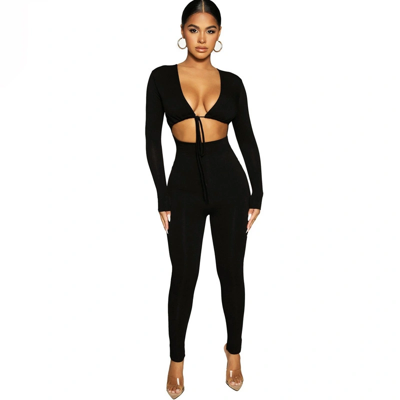 Lace-up cut-out long-sleeved slim fit jumpsuit