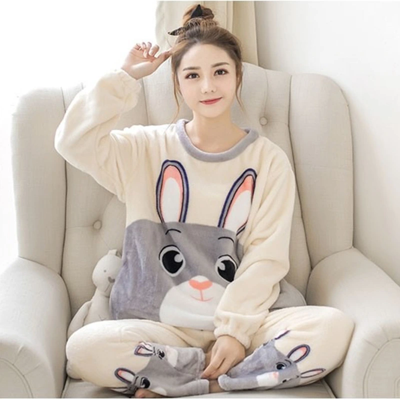 Female Winter Cute Cartoon Pattern Mink Velvet Warm Pajamas