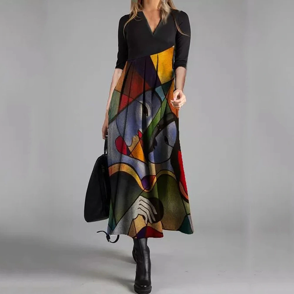 V-neck Long-sleeved Printed Dress Stitching Temperament Long Skirt