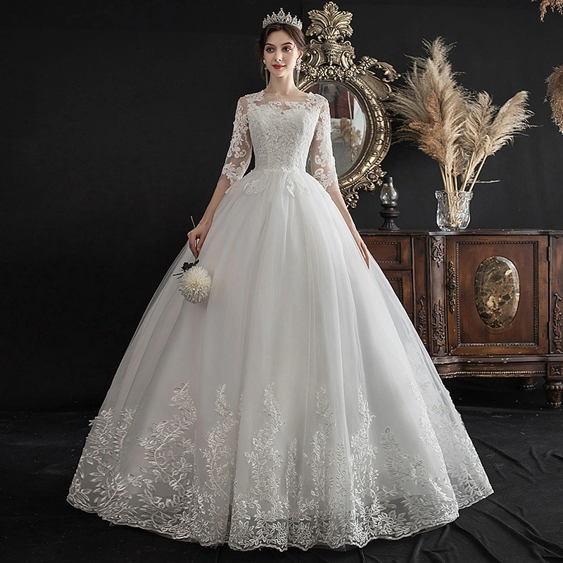 One-shoulder Fantasy Slim Mid-Sleeve Lace Wedding Dress