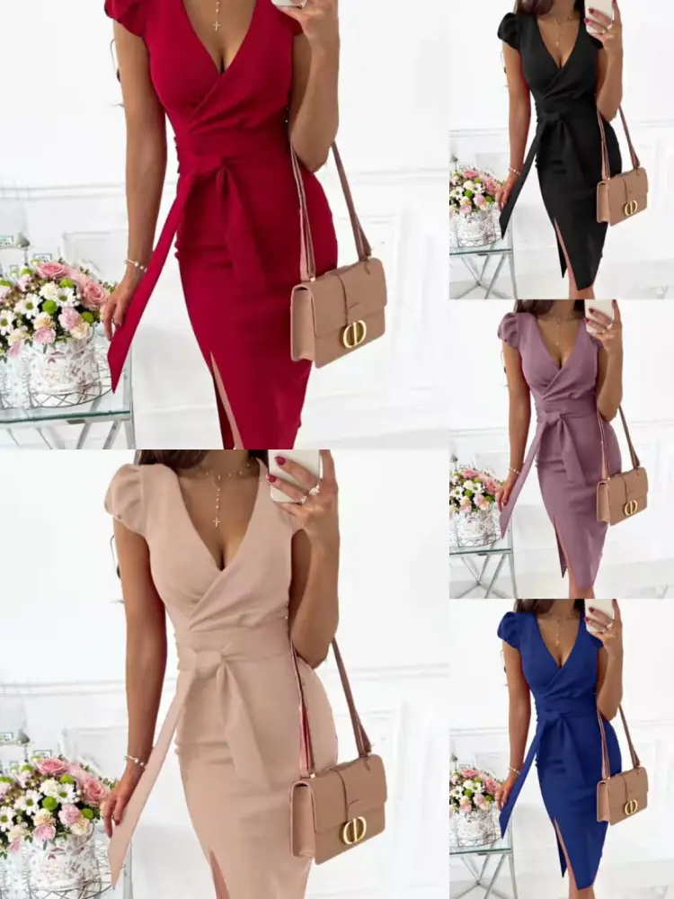 Pure Color Fashion V-neck Puff Sleeve Knee-length Elegant Bag Hip Lace Dress Women