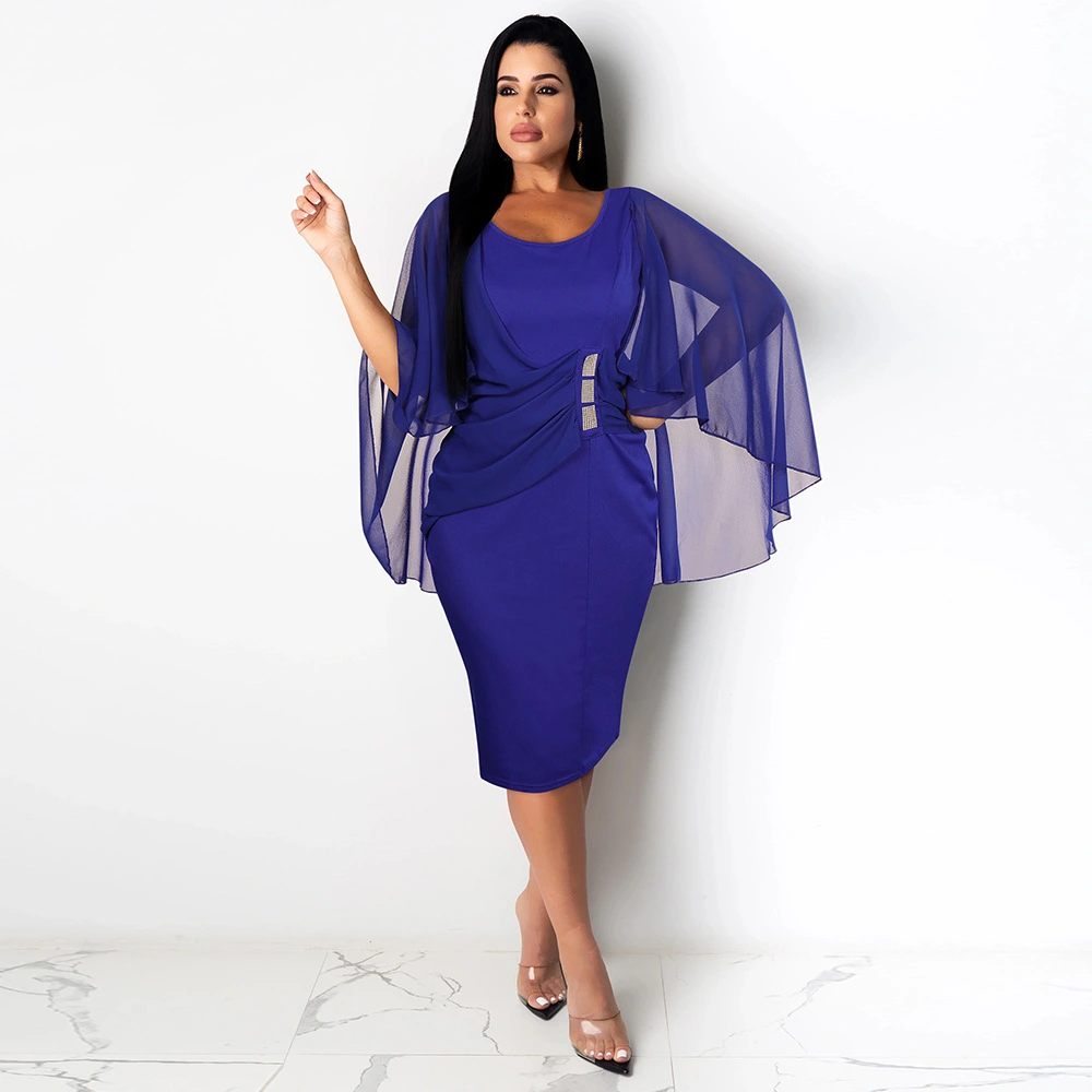 Fashionable Pure Color Mesh High Waist Bag Hip Dress