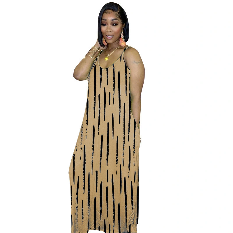 Printed Sling Pocket Dress European And American Women's Loose Long Skirt
