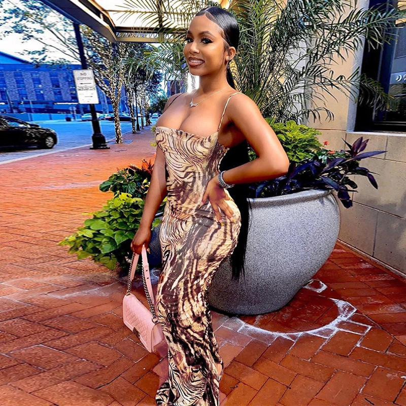 Printed Slit Tube Top Strap Dress