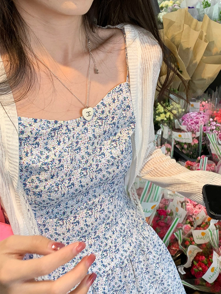 Season New Female Floral Sling Dress White Lace Sun Protection Shirt Two-piece Suit