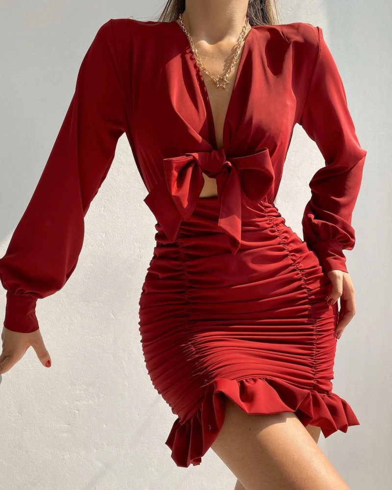 Fashion Sexy Casual Women's Tie Knotted Pleated Slim Dress