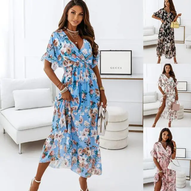V-Neck Short-Sleeved Elastic Waist Floral Dress