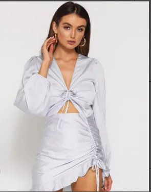 V-neck drawstring ruffled nightclub dress