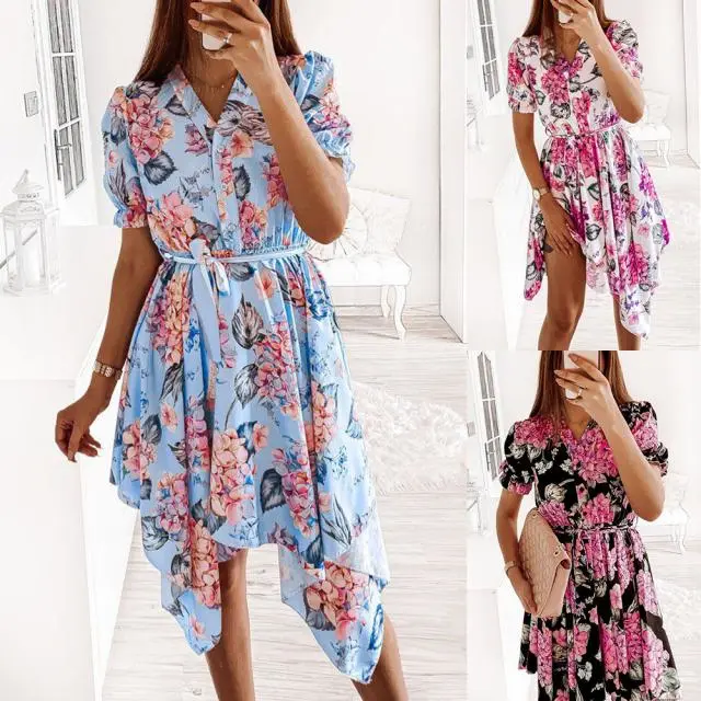 Fashion Printed Lace-Up Short-Sleeved Waist Dress