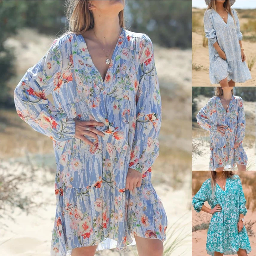 European And American Round Neck Long Sleeve Printed Dress