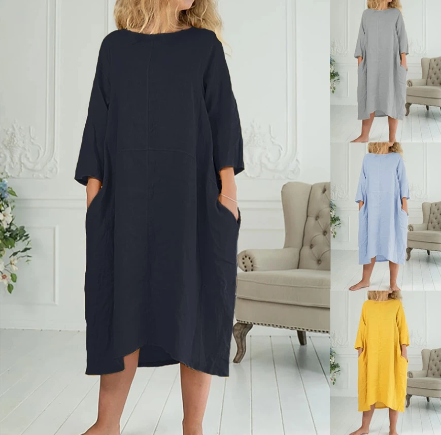 Three-Quarter Sleeves Round Neck Pocket Loose Long Skirt Dress