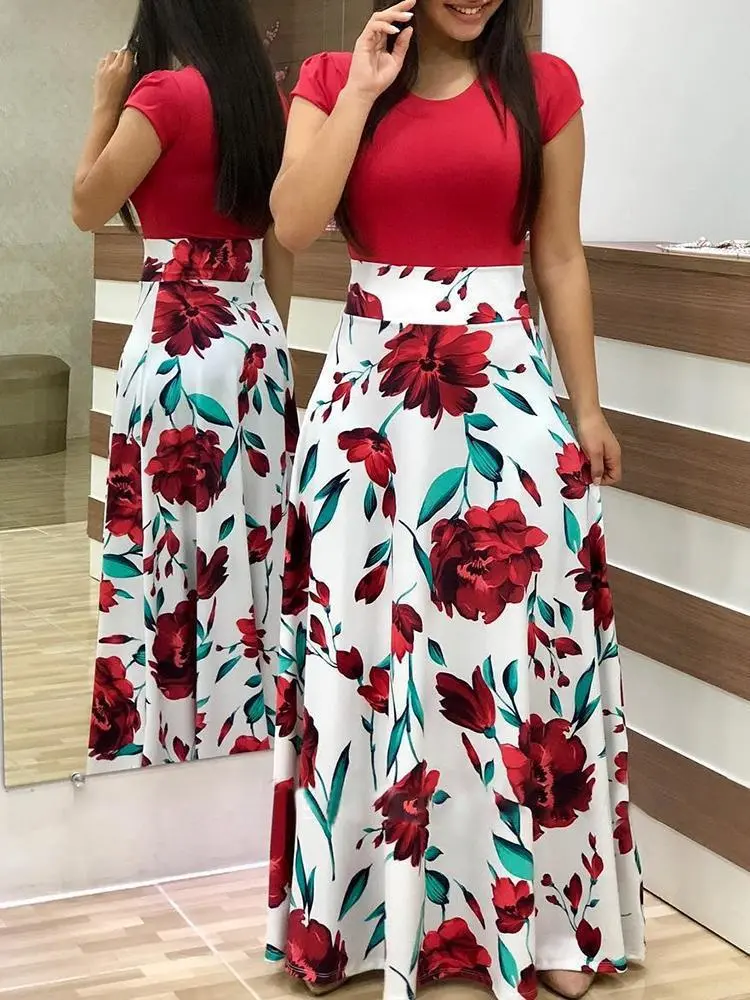 Flower Color Matching Long-Sleeved Dress