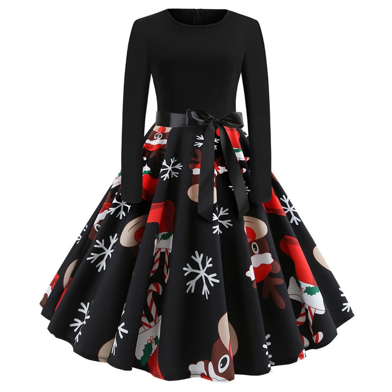 Retro Round Neck Print Long-Sleeved  Dress