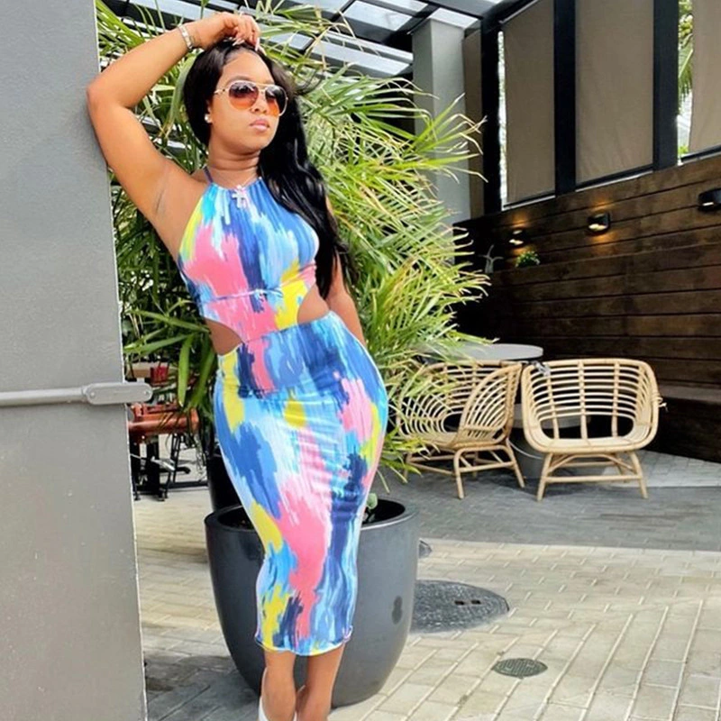 Contrasting Color Sleeveless Mid-Length Bag Hip Dress