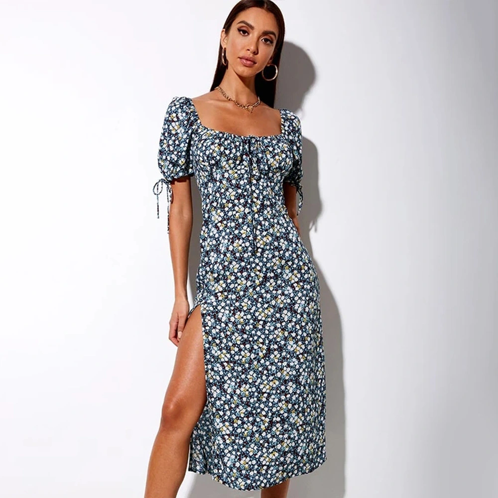 Open back split four-way stretch floral dress