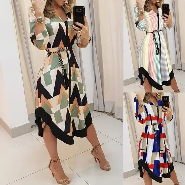 Fashion Printed Lace-Up Check Dress
