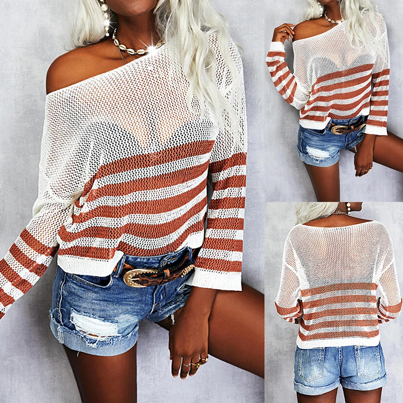 European And American Stripes Sexy See-Through Round Neck Long-Sleeved Sweater Sweater