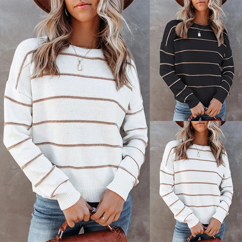 New Women Round Neck Striped Long Sleeve Pullover Loose Sweater