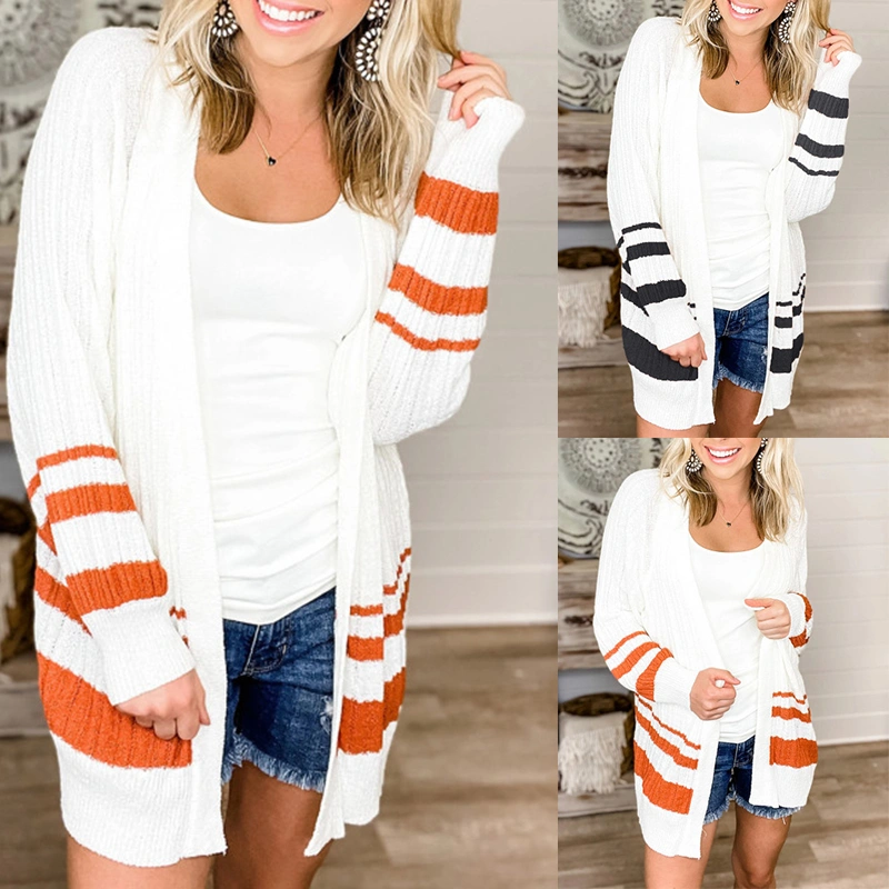 New Fashion Casual Mid-Length And Striped Cardigan Sweater Coat For Women