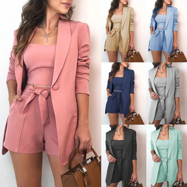 Solid color vest jacket and high waist shorts