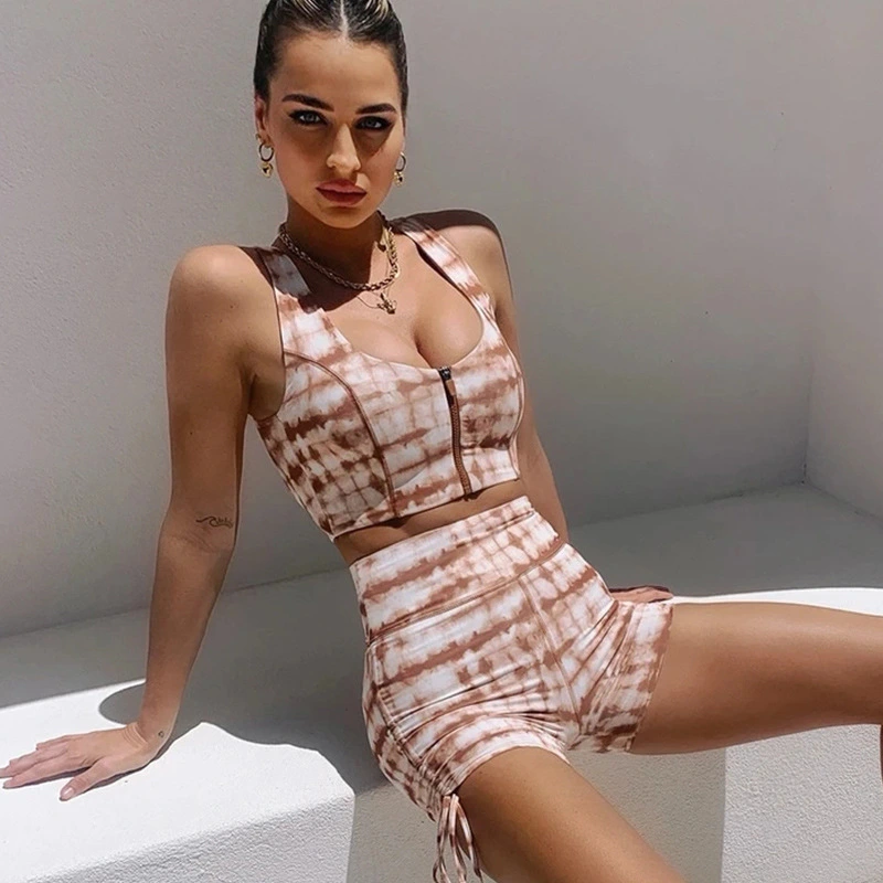 Spliced Printed Zipper Sleeveless Vest Ruffled Shorts Suit