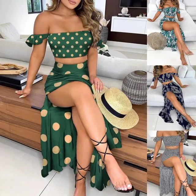 Fashion Sexy One-Neck Blouse Split Long Skirt Two-Piece Suit