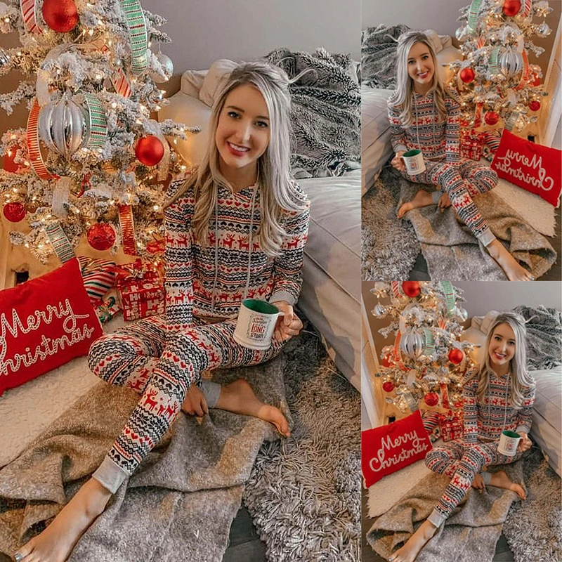 Reindeer Print Long Sleeve Hooded Casual Christmas Set