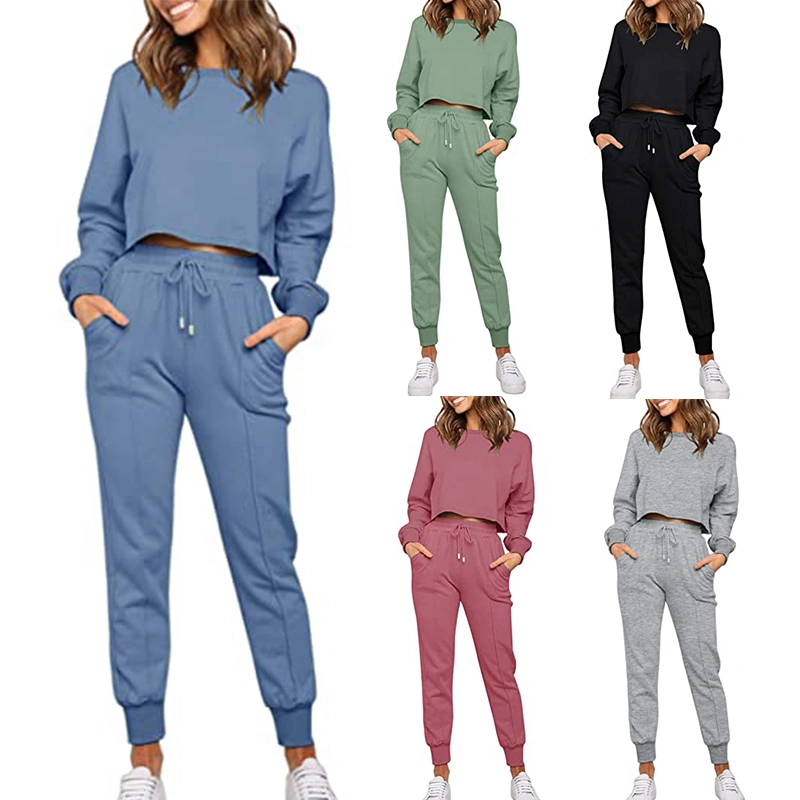 New Product Long-Sleeved Trousers Round Tie Drawstring Sports Leisure Suit Women Plus Pockets