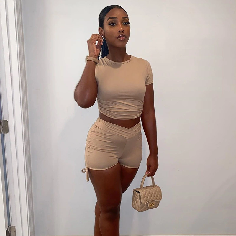 Solid Color Round Neck Open Back Short Sleeve Shorts Suit