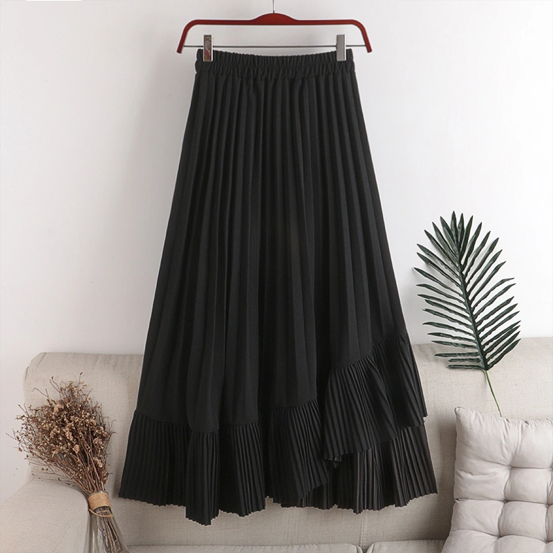 High Waist Elastic Waist Big Pleated Pleated Stitching Asymmetrical Hem Skirt Women