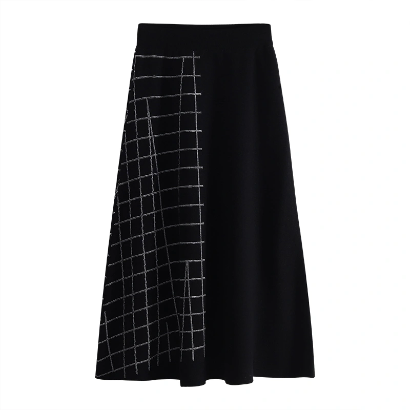 Women's Knitted Black High Waist A-line Umbrella Skirt